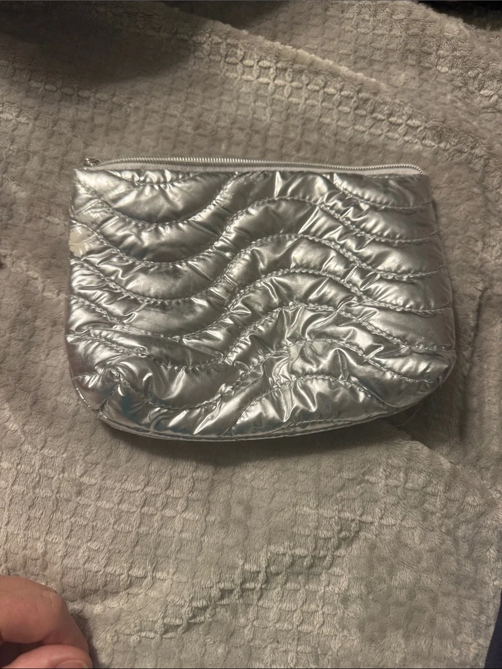 Shiny Quilted Silver Cosmetic Pouch with Top Zip
